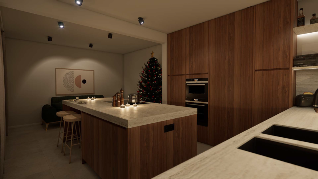 3D visualisatie of render van een mooie keuken. De fronten van de keuken werden gemaakt uit walnootfineer. Het keukentablet is voorzien in natuursteen, Travertin. Het is de gezellige kerstperiode en de kerstboom staat. 