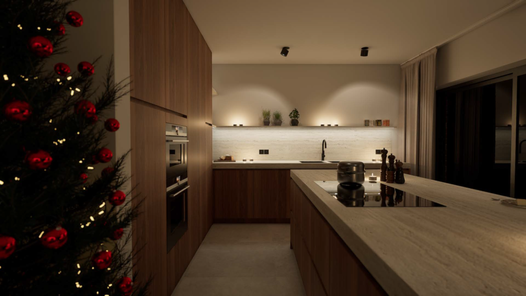 3D visualisatie of render van een mooie keuken. De fronten van de keuken werden gemaakt uit walnootfineer. Het keukentablet is voorzien in natuursteen, Travertin. Het is de gezellige kerstperiode en de kerstboom staat. Het sneeuwt buiten.