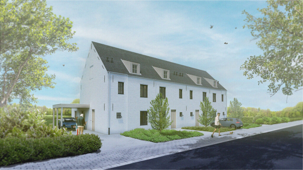 3D visualisatie van een modern landelijke woning in Vlaamse stijl. De gevel is voorzien van kaleiverf en de dakbedekking in nieuwe blauwe Boomse pannen. De omgeving rondom de woning is landelijk.