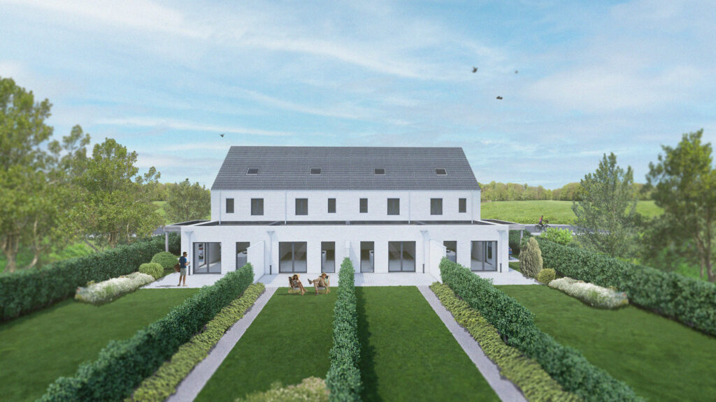 3D visualisatie van een modern landelijke woning in Vlaamse stijl. De gevel is voorzien van kaleiverf en de dakbedekking in nieuwe blauwe Boomse pannen. De omgeving rondom de woning is landelijk.