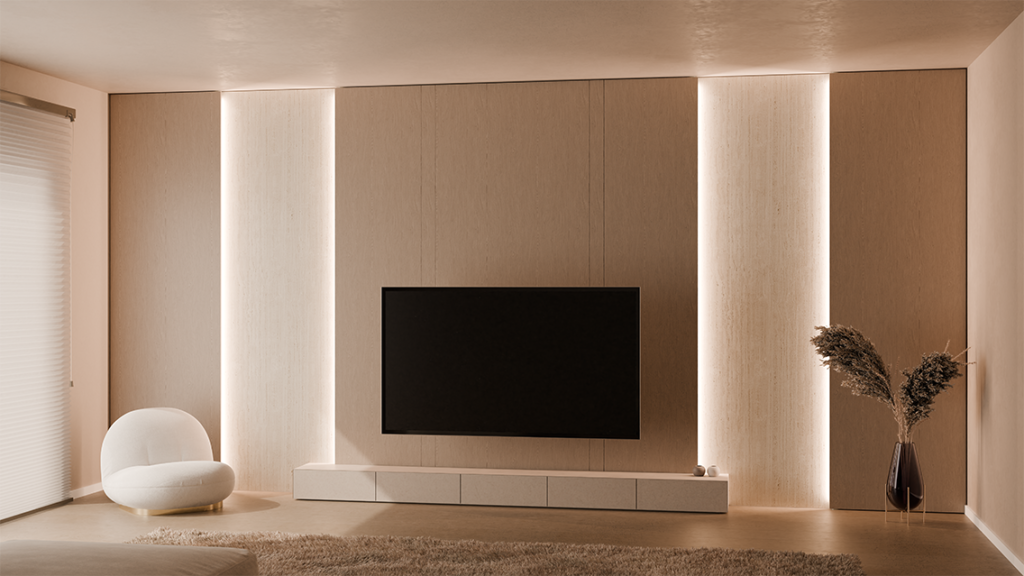 Modern TV meubel afwerkt met eik fineer en travertin marmer. De indirecte LED verlichting zorgt voor een warme sfeer
