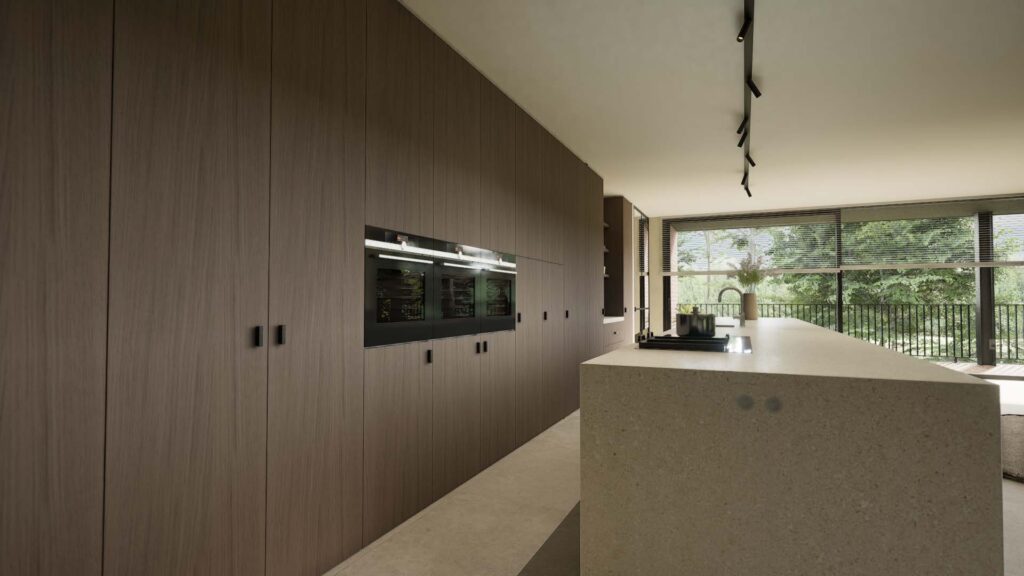 3D visualisatie of render van een mooie keuken. De fronten van de keuken werden gemaakt ui donkere eikfineer. Het keukentablet is gemaakt uit een composiet. Keukenstoestellen van Siemens.