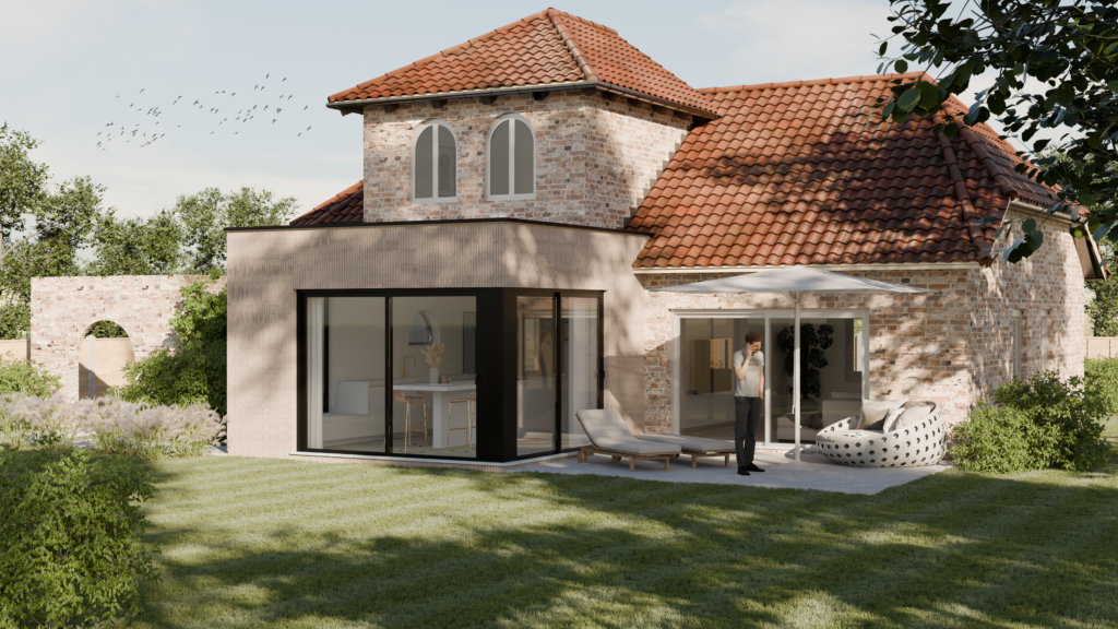 3D visualisatie van een aanbouw aan een bestaande woning. Aanbouw in houtskelet met zwarte alu ramen.