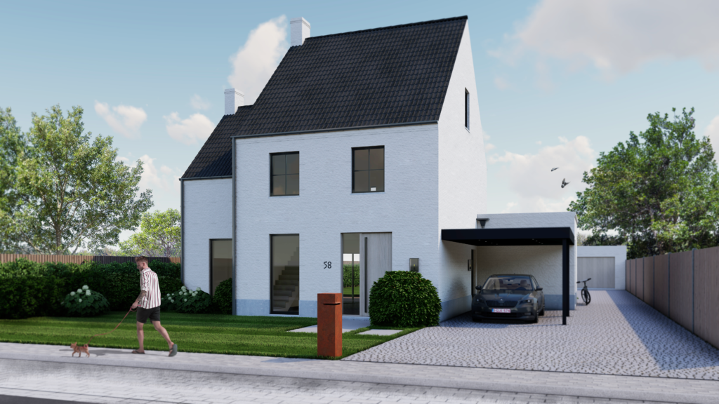 3D visualisatie van een modern landelijke woning in Vlaamse stijl. De gevel is voorzien van kaleiverf en de dakbedekking in nieuwe blauwe Boomse pannen.