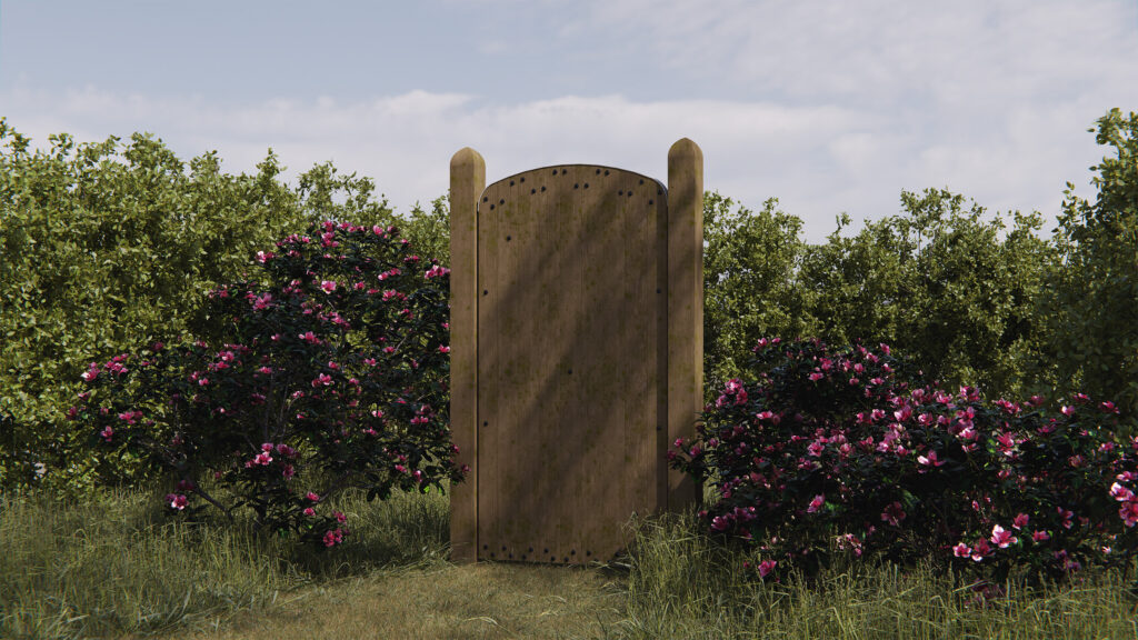 3D Visualisatie van een tuinpoort, gemaakt uit afrormosia ofwel Afrikaanse eik.