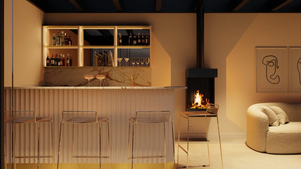 Op maat gemaakt meubel in waterwerend MDF, afgewerkt met micortopping, in een luxe poolhouse.