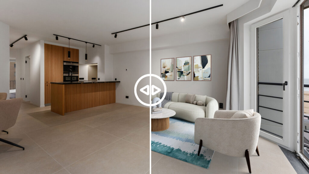 Vergelijking van een lege woonkamer en een digitaal ingerichte versie met Virtual Staging. Links een leeg interieur, rechts een sfeervol ingerichte ruimte met meubels en decoratie.